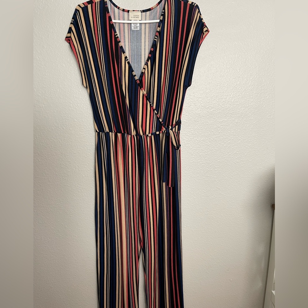 Caution To The Wind Striped Jumpsuit - Red, Blue, Cream